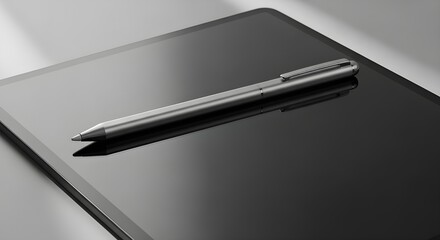 A stylus pen resting beside a digital tablet, soft shadows, professional camera focus, neutral backdrop.