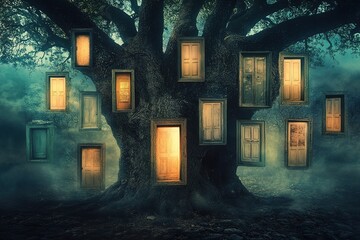 surreal dreams of a tree with doors opening to different dimensions