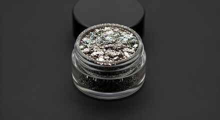 A jar of loose glitter makeup, photographed on a matte black background with sharp clarity.
