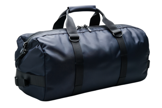 Stylish navy blue duffel bag perfect for travel gym or weekend getaways with durable construction shown on transparent background