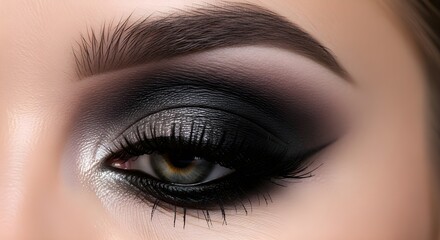 A smoky eye makeup look, detailed textures, photographed with a neutral gray backdrop.