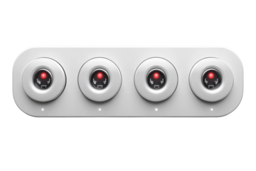 White sensor array with four circular sensors and red lights for security or automation applications on transparent background