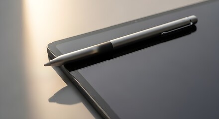 A stylus pen resting beside a digital tablet, soft shadows, professional camera focus, neutral backdrop.