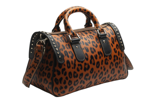 Stylish leopard print handbag with studded accents for a fashionable statement accessory choice on transparent background