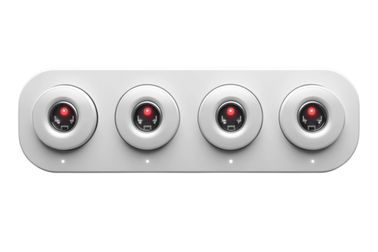 White sensor array with four circular sensors and red lights for security or automation applications on transparent background