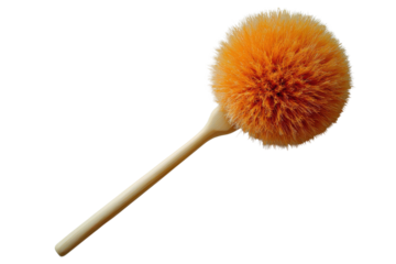 Orange duster with a wooden handle for cleaning dust and cobwebs in the home or office environment on transparent background