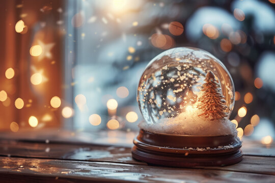 A magical snow globe on a wooden table, soft warm lighting, cinematic winter vibes, falling snow inside, cozy atmosphere