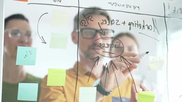 Professional team strategizing, writing collaborative notes on glass board, mapping innovative project workflow with marker