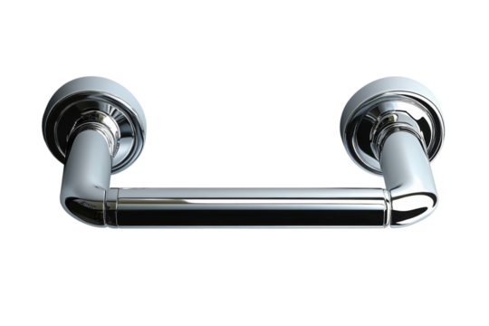 Chrome toilet paper holder with a modern design against a for bathroom accessories on transparent background