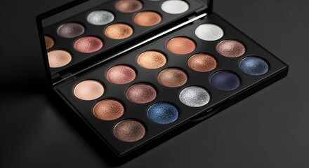 A metallic eyeshadow palette photographed with sharp detail, placed on a matte black surface.