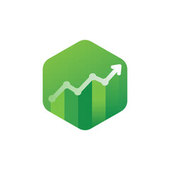 Green Hexagonal Growth Chart with White Line Graph and Arrow upward isolated on a transparent background