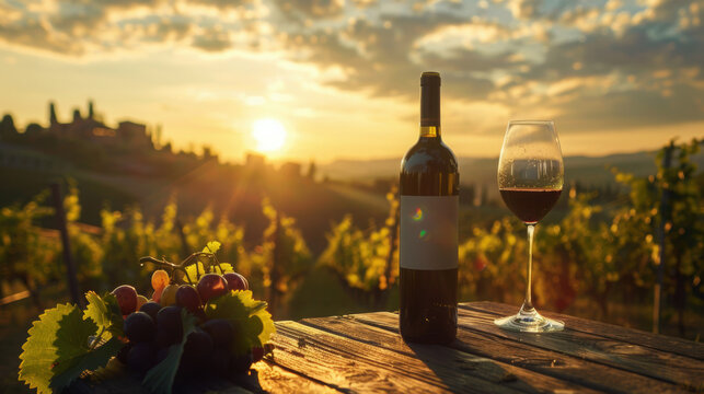A wine bottle and glass on a wooden table, overlooking a sunlit vineyard, golden hour lighting, cinematic landscape, Tuscany style scenery, luxury aesthetic