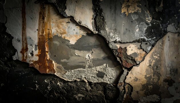 Weathered and decaying wall texture with peeling paint and rust