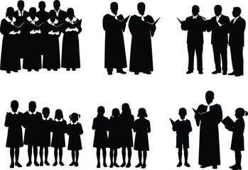 Silhouette illustration of choir group singing together, children and adults performing church hymns, music concert and worship song in vector design