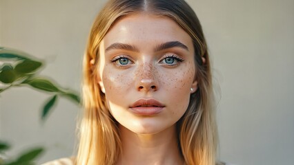 Freckled Woman In Natural Light. Serene Expression And Soft Background. Portrait Concept