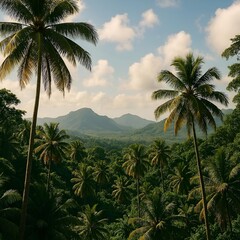 Tropical Palm Tree Forest with Mountain View