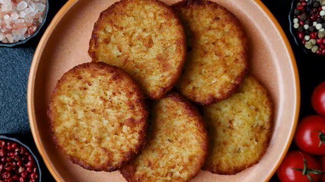 Potato hash browns, a cooked vegetable breakfast food. Potato hash browns as a food background for your design