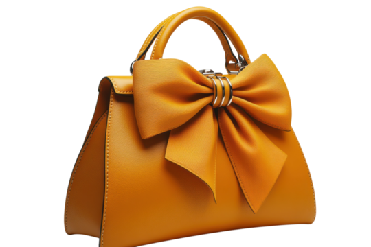 Elegant mustard yellow leather handbag with a large bow accent for stylish women's fashion accessory on transparent background