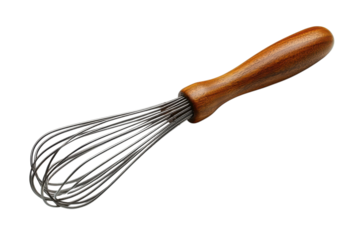 Wooden handled whisk for baking and cooking for culinary applications on transparent background