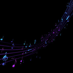 Wallpaper in black colour with music notes in pastel pink and blue and purple 