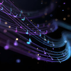 Wallpaper in black colour with music notes in pastel pink and blue and purple 
