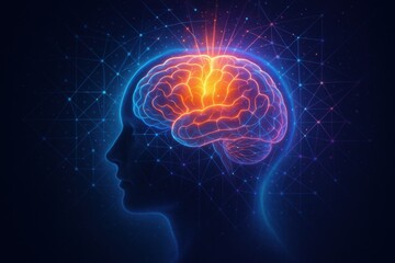 Bright Neural Connections in Human Brain Illustration with Abstract Technology Background