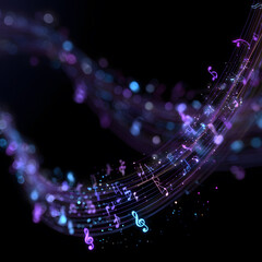 Wallpaper in black colour with music notes in pastel pink and blue and purple 