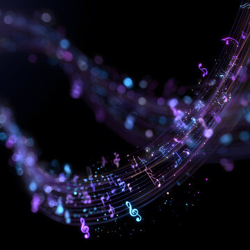 Wallpaper in black colour with music notes in pastel pink and blue and purple 