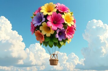 Bright hot air balloon consisting of beautiful flowers on blue sky. Spring, summer concept