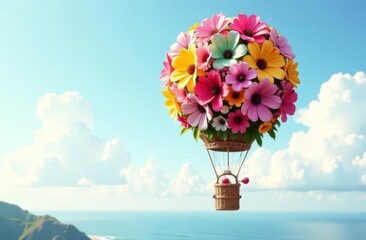 A vibrant hot air balloon composed of beautiful multicolored flowers against a backdrop of blue sky, sea, and island. Spring/summer concept