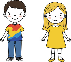 Cartoon Children Standing Side by Side in Colorful Outfits on White Background for Educational, Character Design, and Vector Illustration Use