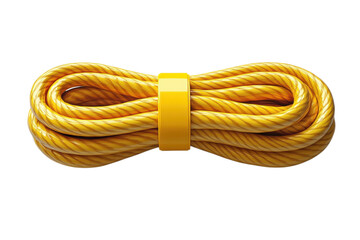 Coiled yellow rope secured with a matching band for organization and storage on transparent background