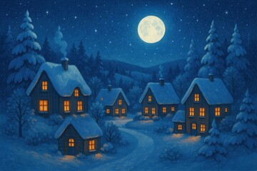 Naklejka premium Starry Night Winter Scene with Snowy Houses, Full Moon, and Bright Windows in a Serene Landscape