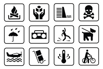 Set of safety hazard warning signs. Including flammable, toxic, EMF, umbrella, stumble, bicycle, dog, high temperature and more. Vector illustration.