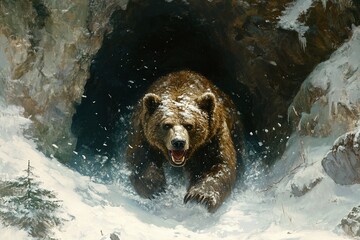 ancient cave bear emerging from a snowy cave