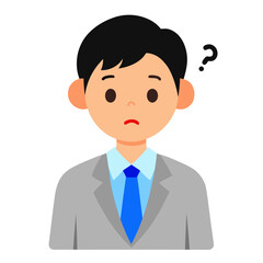 Confused businessman cartoon character with question mark over his head in gray suit and blue tie