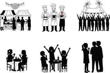 Silhouette illustration of people enjoying food festival with chefs, street stalls, family dining, children eating, and outdoor celebration scene