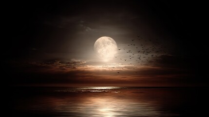 Full moon over water at night