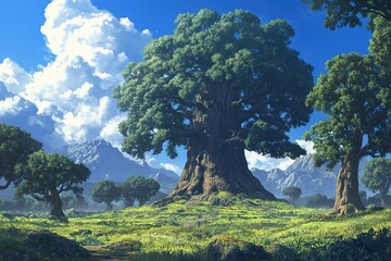 ancient giant trees towering over prehistoric plains