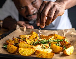Chef Inspecting Roasted Potatoes with Rosemary and Seasoning.