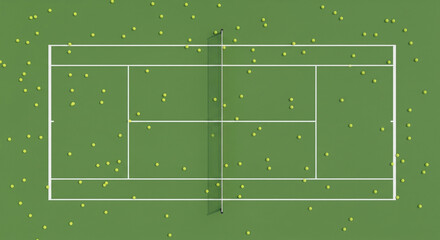 A top-down, aerial perspective of a green tennis court is presented, filled with scattered yellow tennis balls
