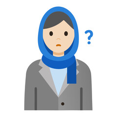 Woman wearing a hijab with a questioning expression and question mark floating nearby uncertainty concept