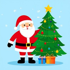 Jolly Santa Claus next to a Christmas tree