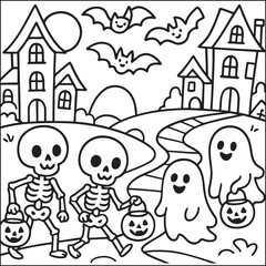 Fototapeta premium Halloween little spooky black and white coloring pages for adults. 