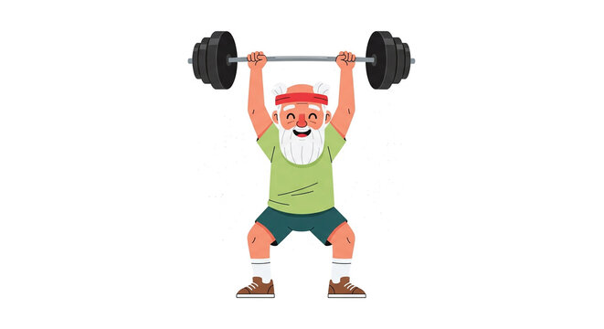 An illustration of a smiling, elderly man of unspecified ethnicity, lifting a barbell overhead