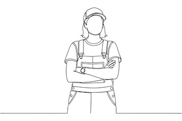 Vector art of minimalist line art of a woman in overalls with arms crossed