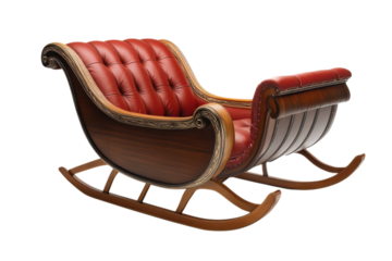 Elegant santa sleigh with red leather seating and wooden frame for christmas holiday decoration prop on transparent background