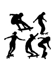 People playing skateboard sport training silhouette