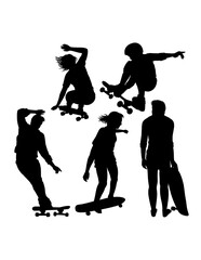 People playing skateboard sport training silhouette