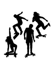 People playing skateboard sport training silhouette